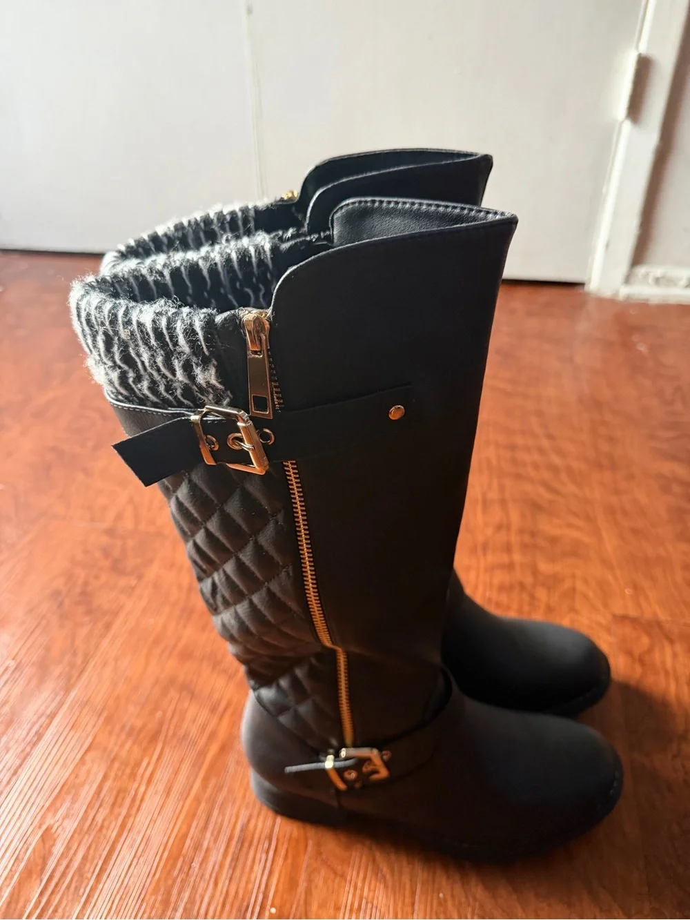 Quilted Over-the-Knee Women's Boots with Knit Cuff - Black